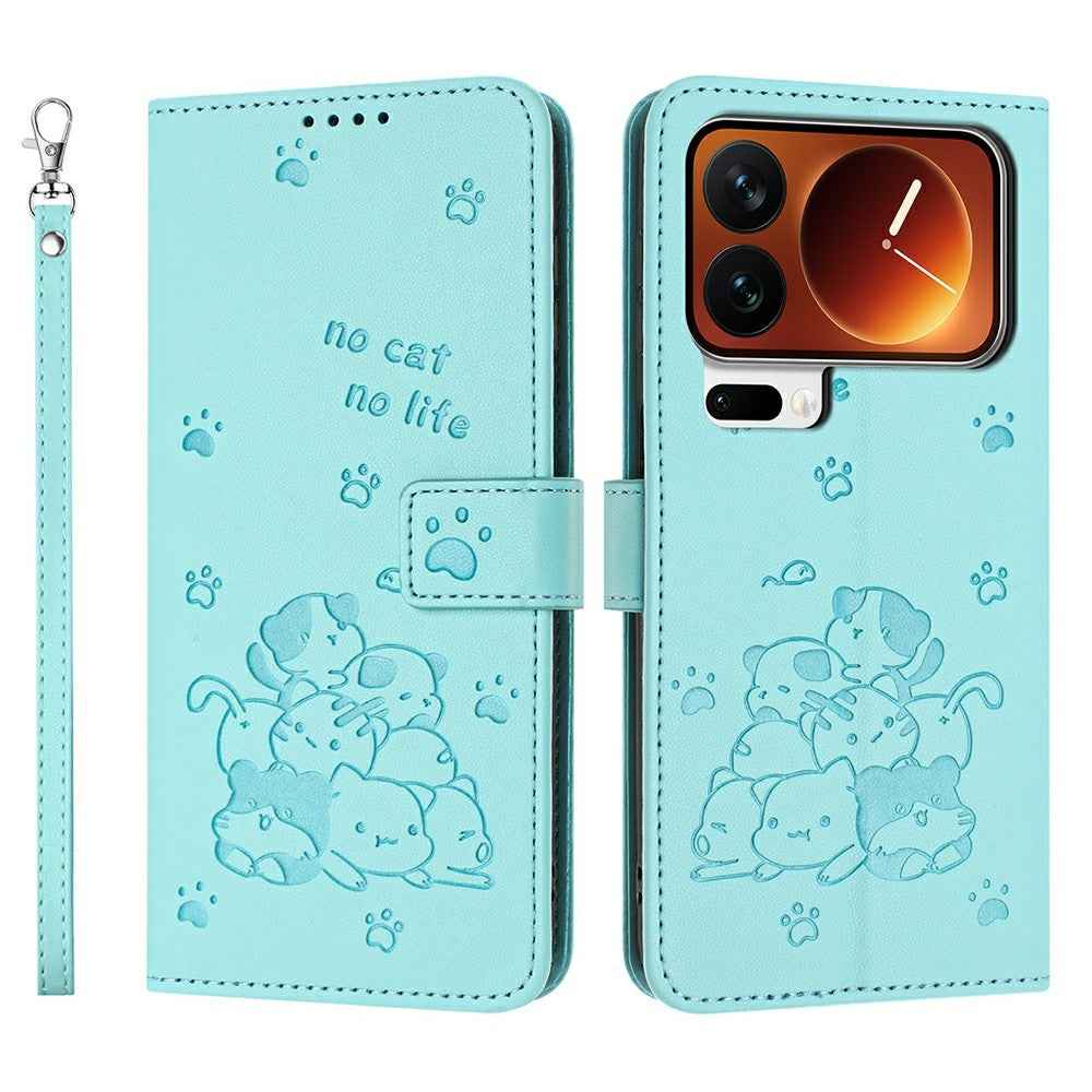 For Xiaomi 17 Pro Wallet Case Cats Imprint Leather Phone Cover with Strap - Green
