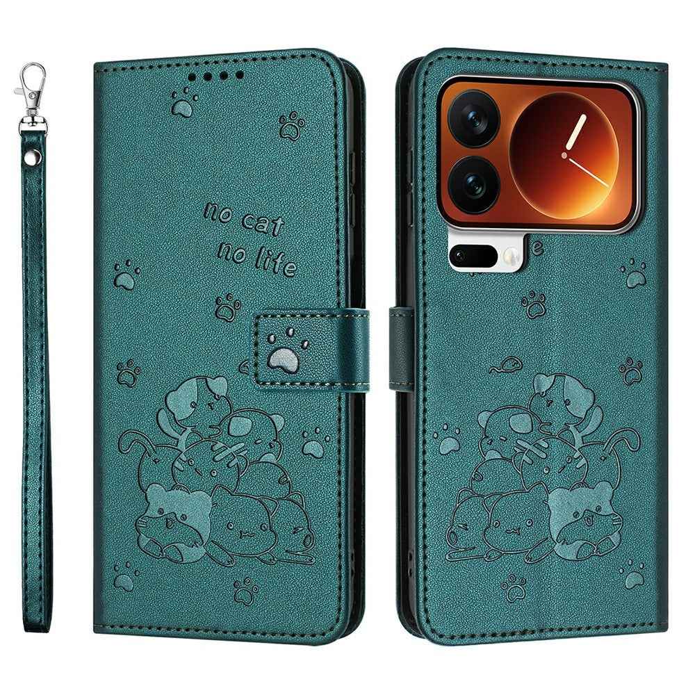 For Xiaomi 17 Pro Wallet Case Cats Imprint Leather Phone Cover with Strap - Blackish Green