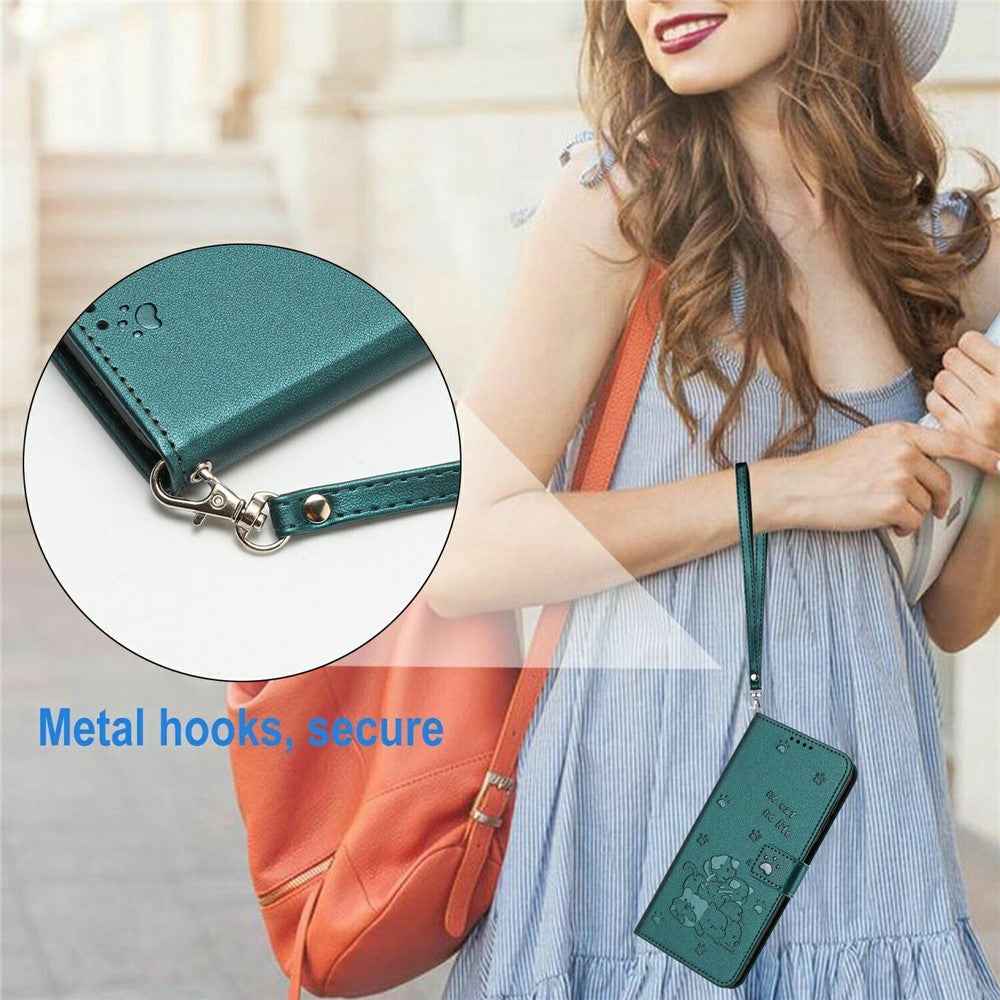 For Xiaomi 17 Pro Wallet Case Cats Imprint Leather Phone Cover with Strap - Blackish Green