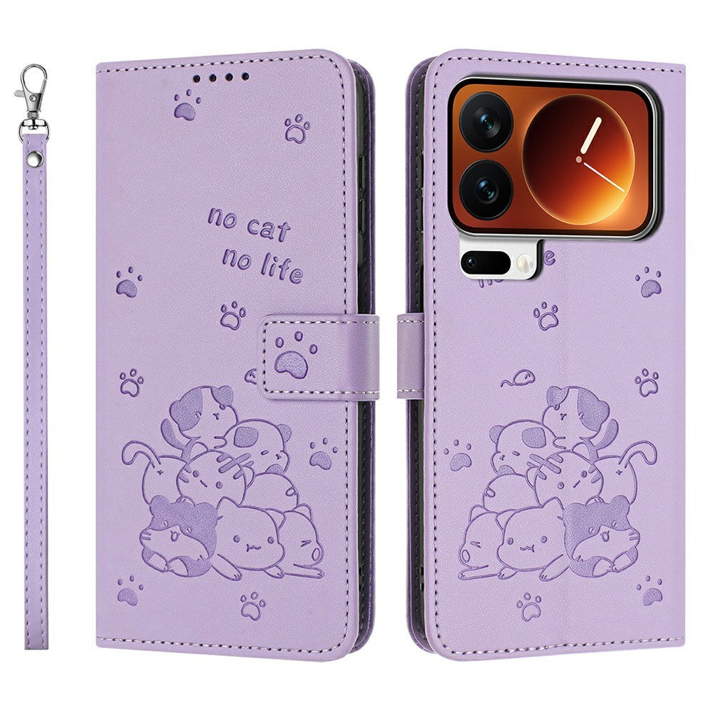 For Xiaomi 17 Pro Max Wallet Case Cats Imprint Leather Phone Cover with Strap - Purple