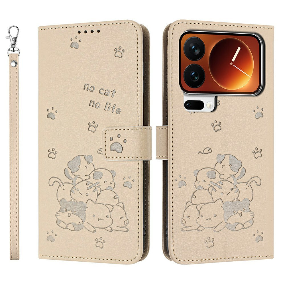 For Xiaomi 17 Pro Max Wallet Case Cats Imprint Leather Phone Cover with Strap - Beige