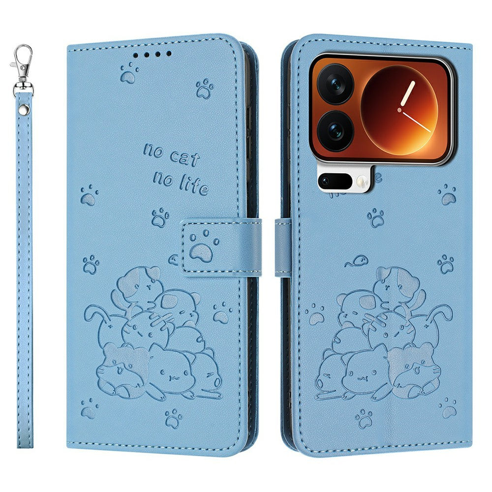 For Xiaomi 17 Pro Max Wallet Case Cats Imprint Leather Phone Cover with Strap - Blue