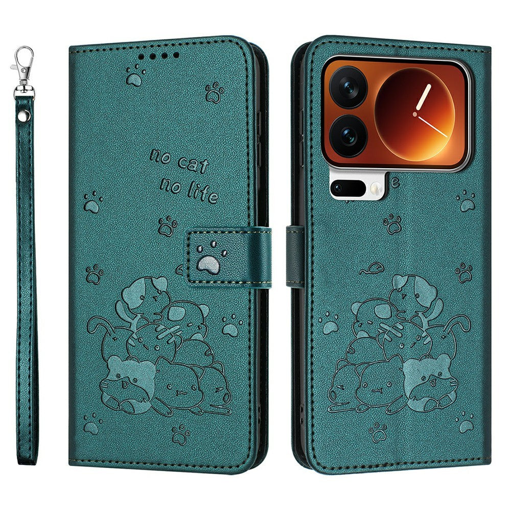 For Xiaomi 17 Pro Max Wallet Case Cats Imprint Leather Phone Cover with Strap - Blackish Green