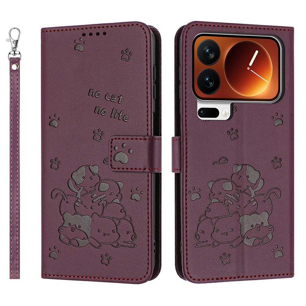 For Xiaomi 17 Pro Max Wallet Case Cats Imprint Leather Phone Cover with Strap - Wine Red