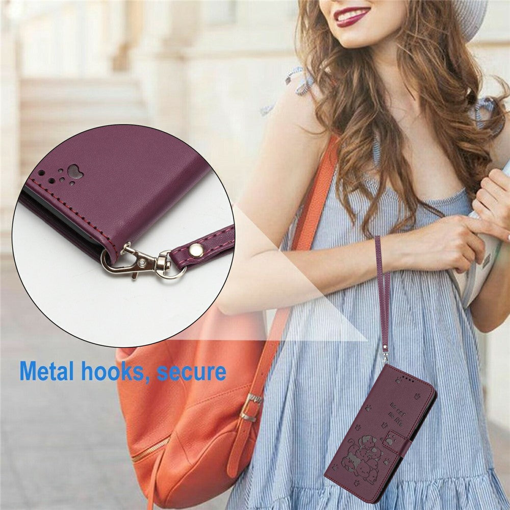 For Xiaomi 17 Pro Max Wallet Case Cats Imprint Leather Phone Cover with Strap - Wine Red