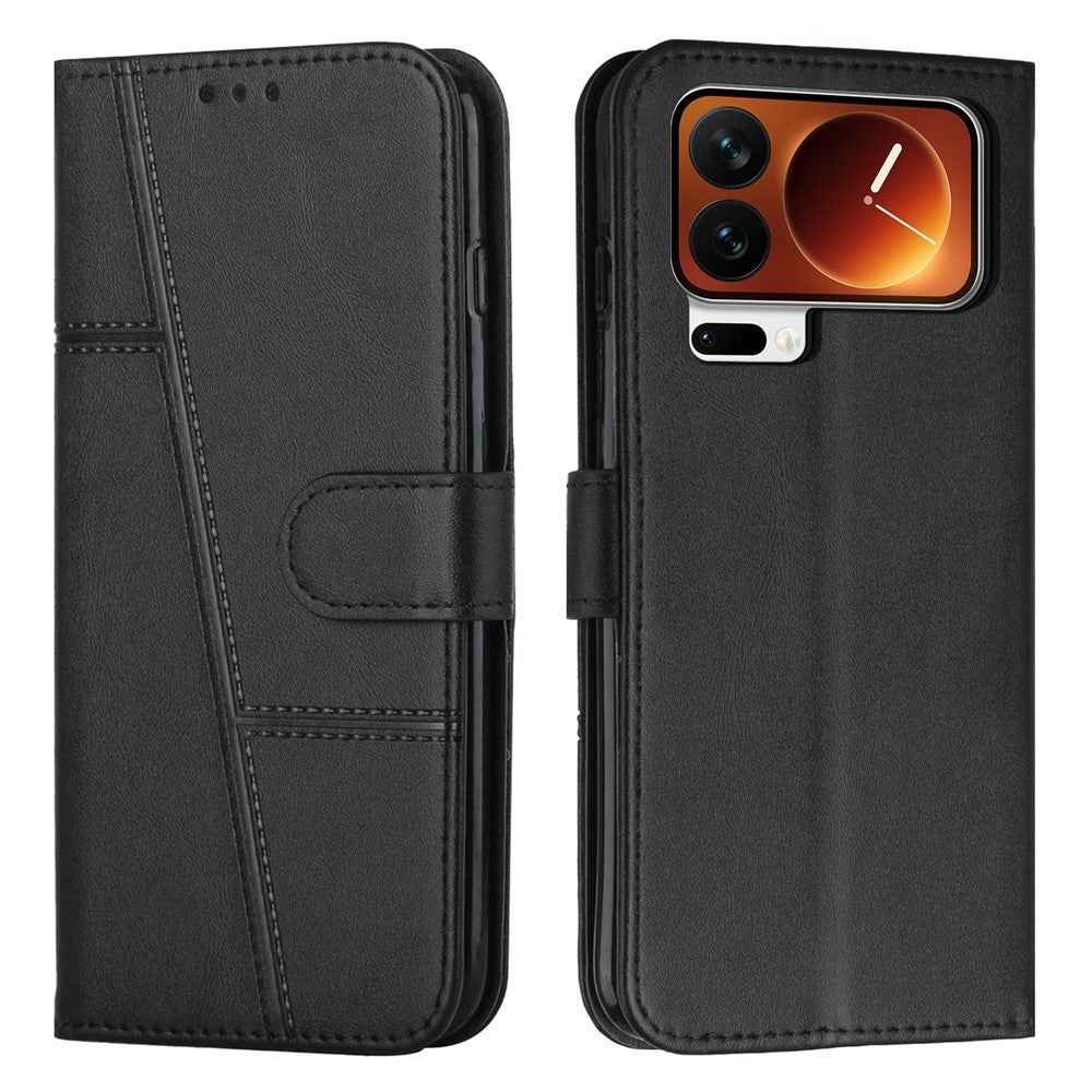 For Xiaomi 17 Pro Leather Phone Case Foldable Stand Wallet Flip Cover with Strap - Black