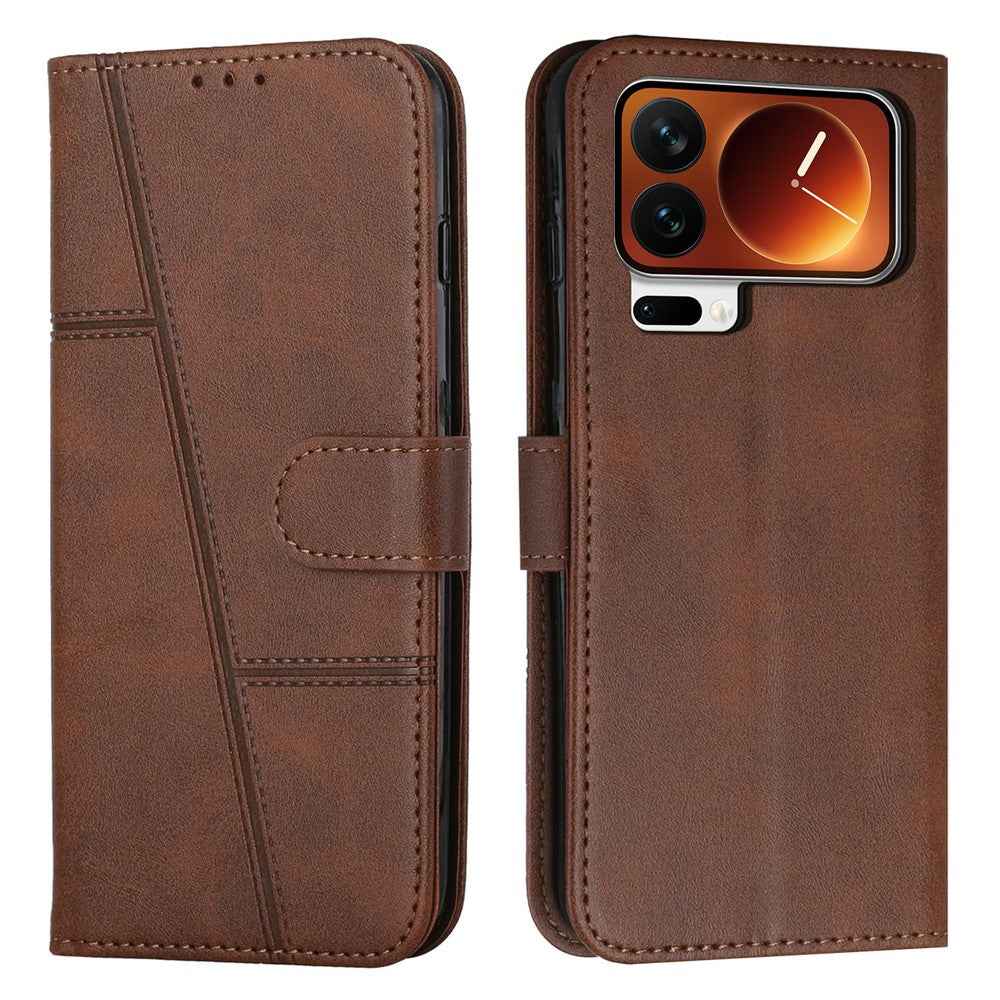 For Xiaomi 17 Pro Leather Phone Case Foldable Stand Wallet Flip Cover with Strap - Brown