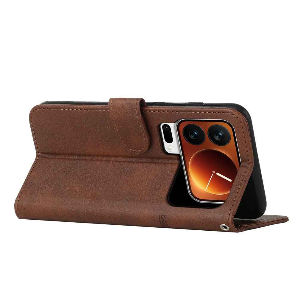 For Xiaomi 17 Pro Leather Phone Case Foldable Stand Wallet Flip Cover with Strap - Brown