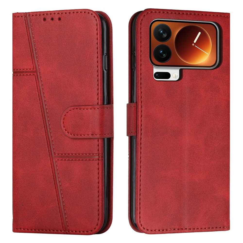 For Xiaomi 17 Pro Leather Phone Case Foldable Stand Wallet Flip Cover with Strap - Red