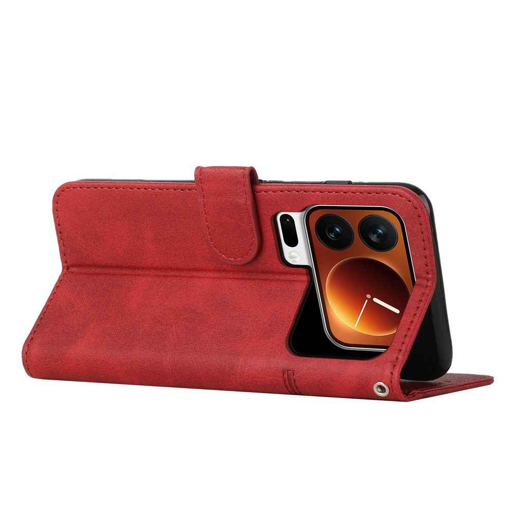 For Xiaomi 17 Pro Leather Phone Case Foldable Stand Wallet Flip Cover with Strap - Red