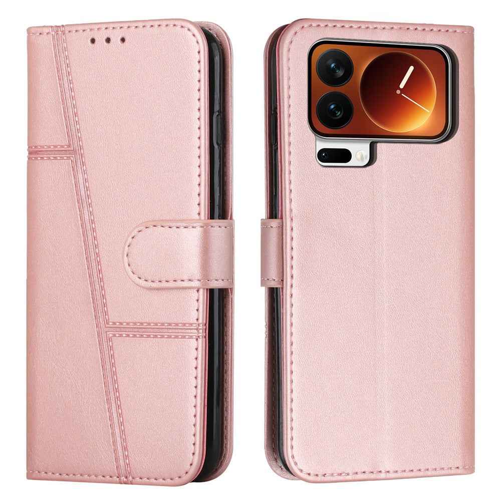 For Xiaomi 17 Pro Leather Phone Case Foldable Stand Wallet Flip Cover with Strap - Rose Gold