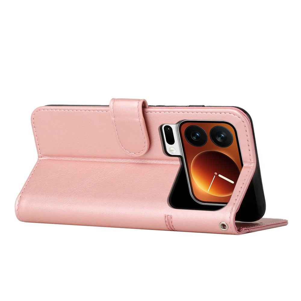For Xiaomi 17 Pro Leather Phone Case Foldable Stand Wallet Flip Cover with Strap - Rose Gold