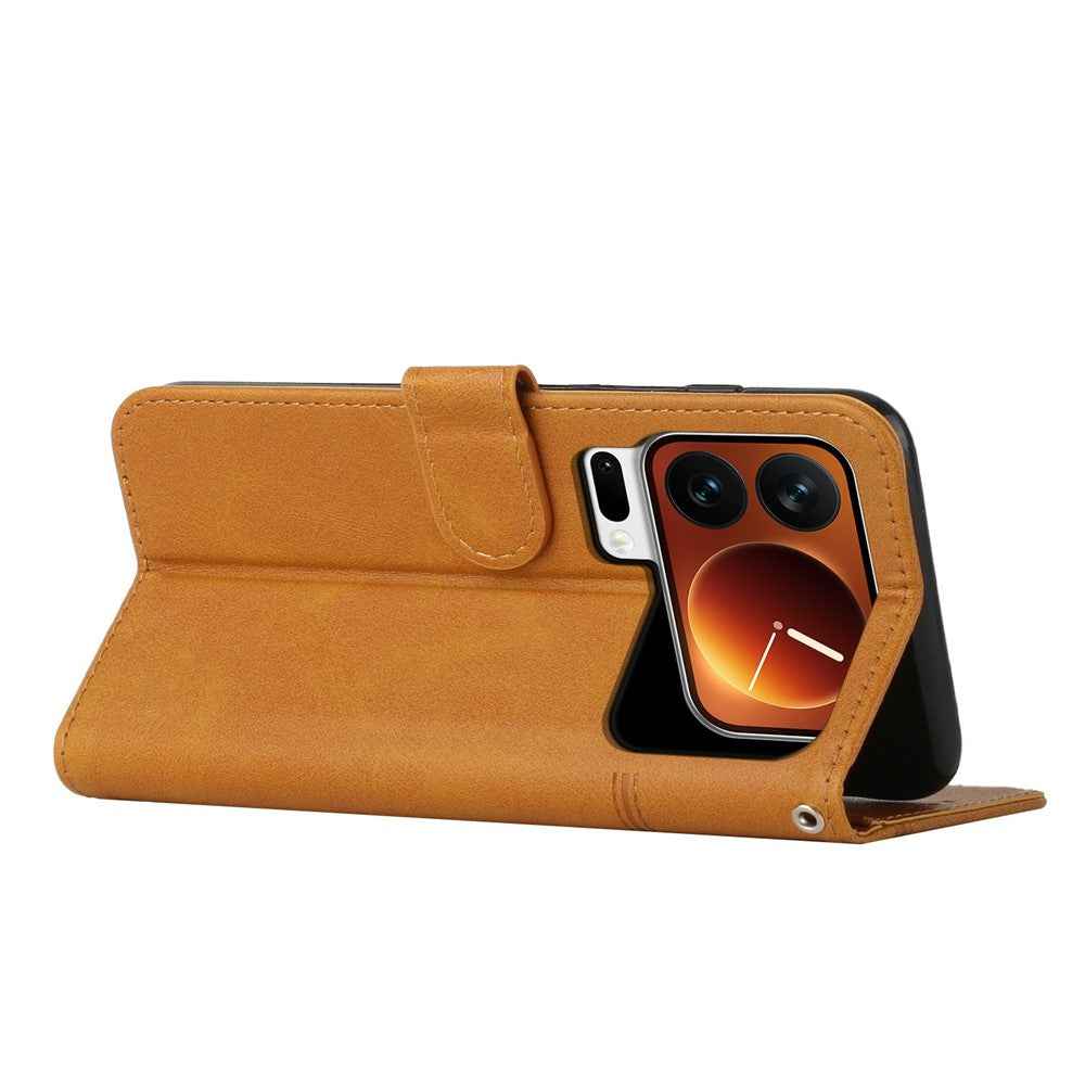 For Xiaomi 17 Pro Leather Phone Case Foldable Stand Wallet Flip Cover with Strap - Yellow