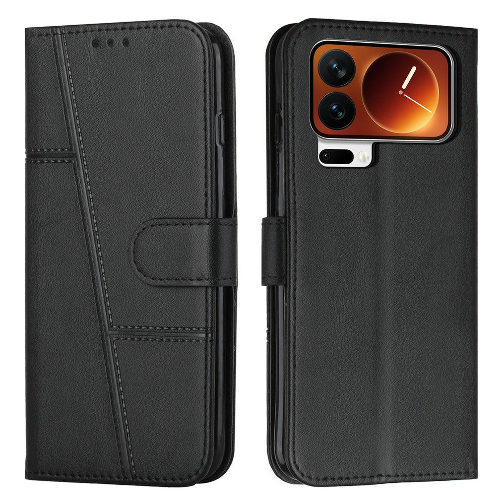 For Xiaomi 17 Pro Max Leather Phone Case Foldable Stand Wallet Flip Cover with Strap - Black