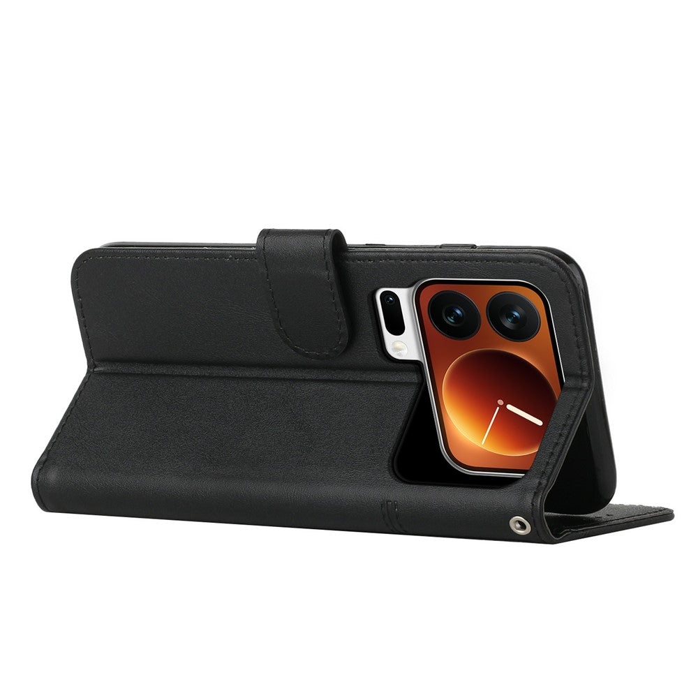 For Xiaomi 17 Pro Max Leather Phone Case Foldable Stand Wallet Flip Cover with Strap - Black