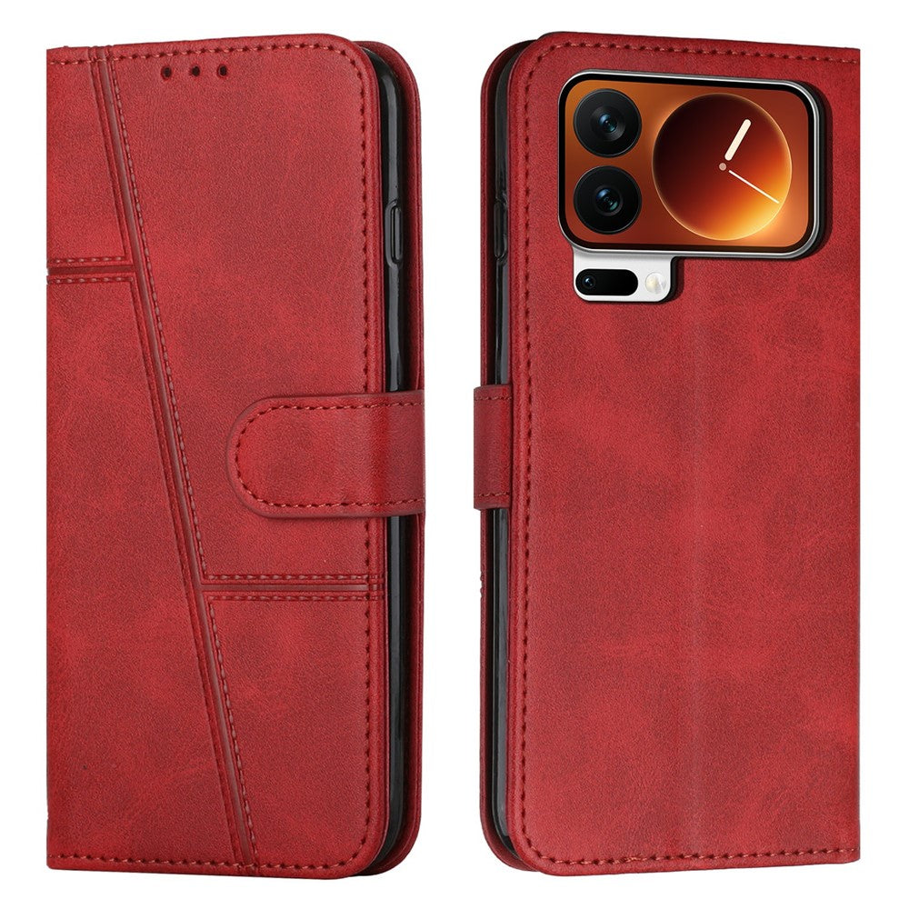For Xiaomi 17 Pro Max Leather Phone Case Foldable Stand Wallet Flip Cover with Strap - Red