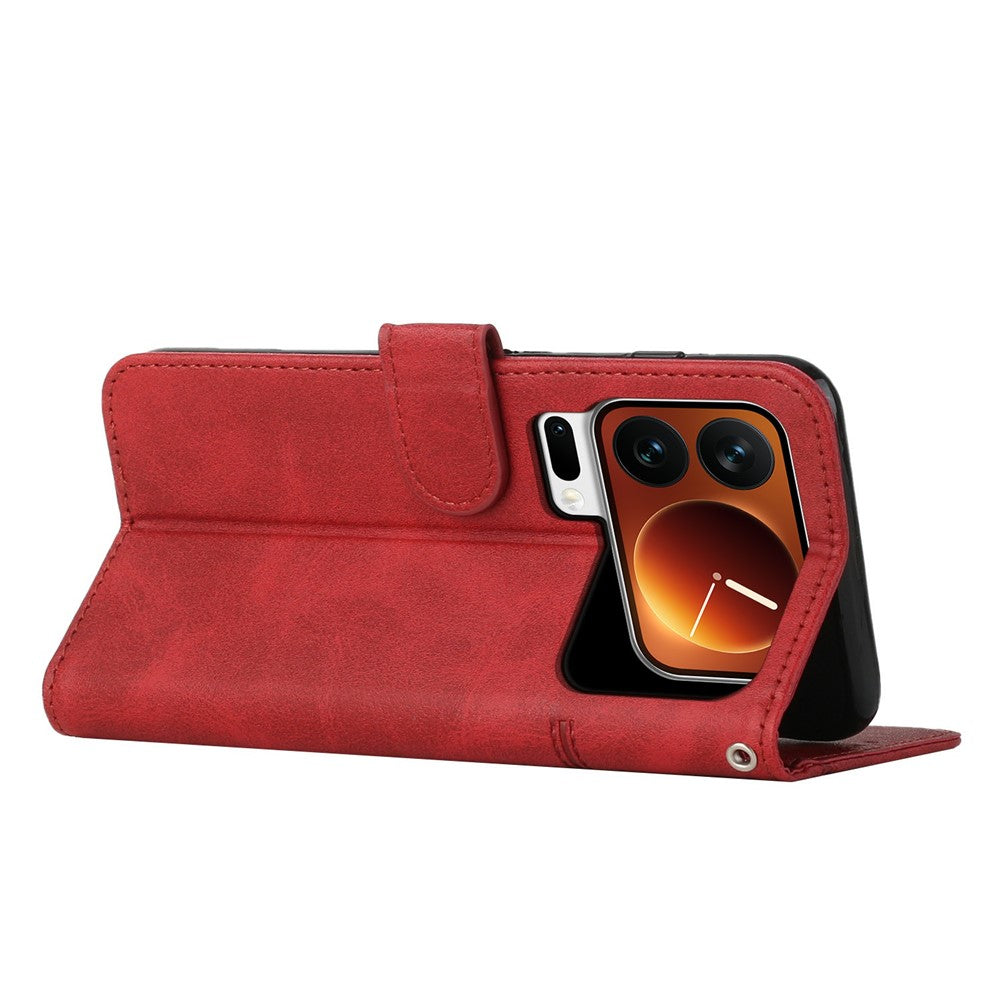 For Xiaomi 17 Pro Max Leather Phone Case Foldable Stand Wallet Flip Cover with Strap - Red