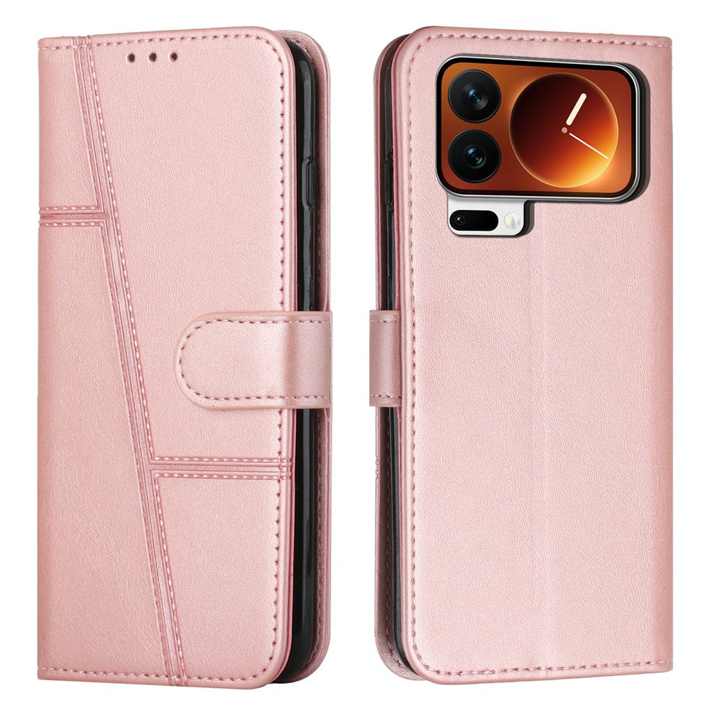 For Xiaomi 17 Pro Max Leather Phone Case Foldable Stand Wallet Flip Cover with Strap - Rose Gold