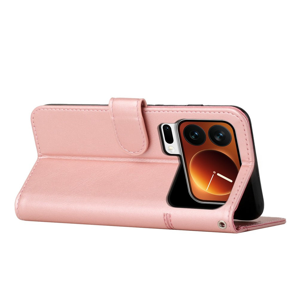 For Xiaomi 17 Pro Max Leather Phone Case Foldable Stand Wallet Flip Cover with Strap - Rose Gold