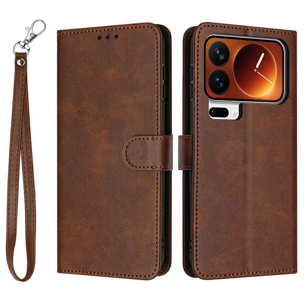 For Xiaomi 17 Pro Wallet Case Flip Stand Calf Texture PU Leather Phone Cover with Strap - Brown