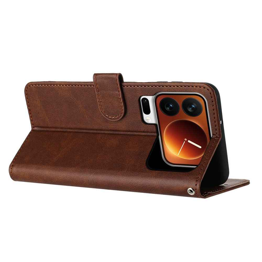 For Xiaomi 17 Pro Wallet Case Flip Stand Calf Texture PU Leather Phone Cover with Strap - Brown
