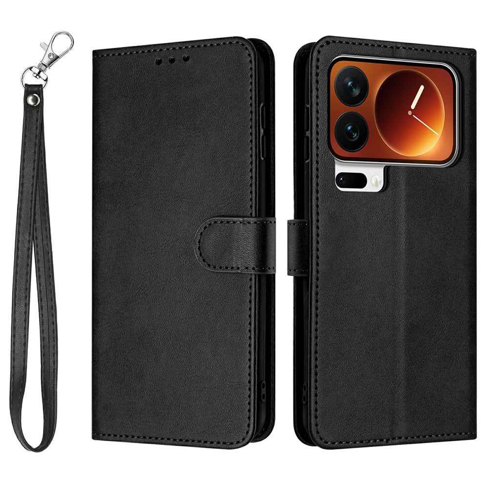 For Xiaomi 17 Pro Wallet Case Flip Stand Calf Texture PU Leather Phone Cover with Strap - Black