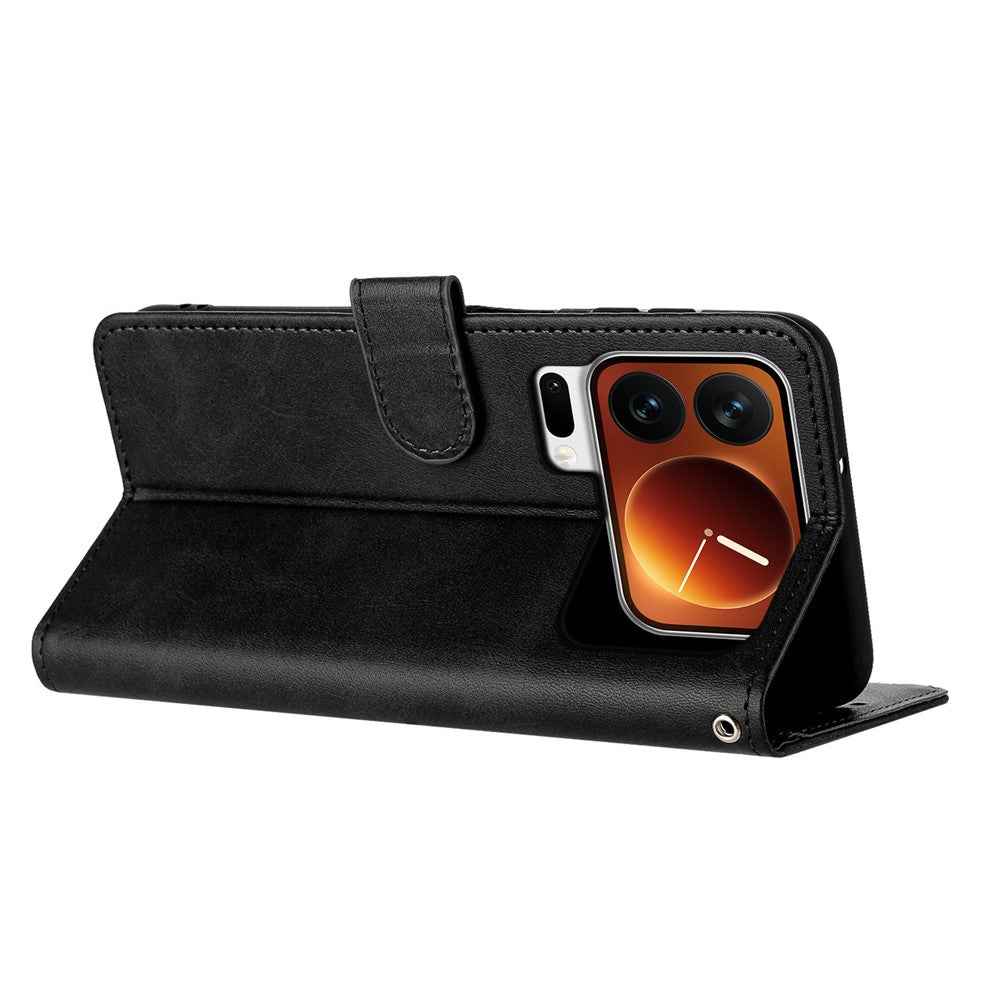For Xiaomi 17 Pro Wallet Case Flip Stand Calf Texture PU Leather Phone Cover with Strap - Black