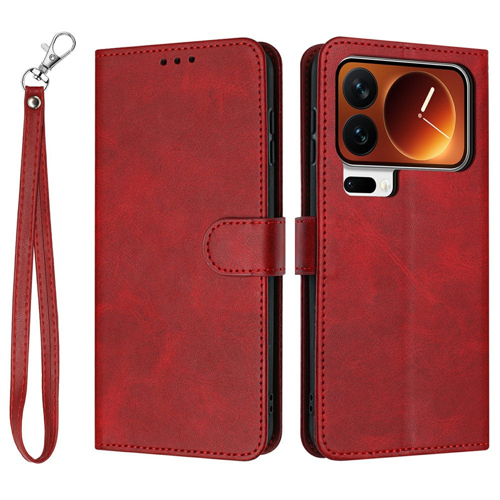 For Xiaomi 17 Pro Max Wallet Case Flip Stand Calf Texture PU Leather Phone Cover with Strap - Red