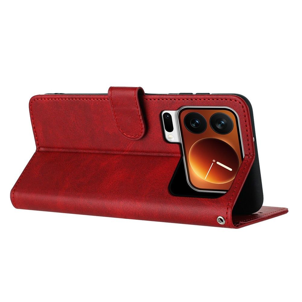 For Xiaomi 17 Pro Max Wallet Case Flip Stand Calf Texture PU Leather Phone Cover with Strap - Red