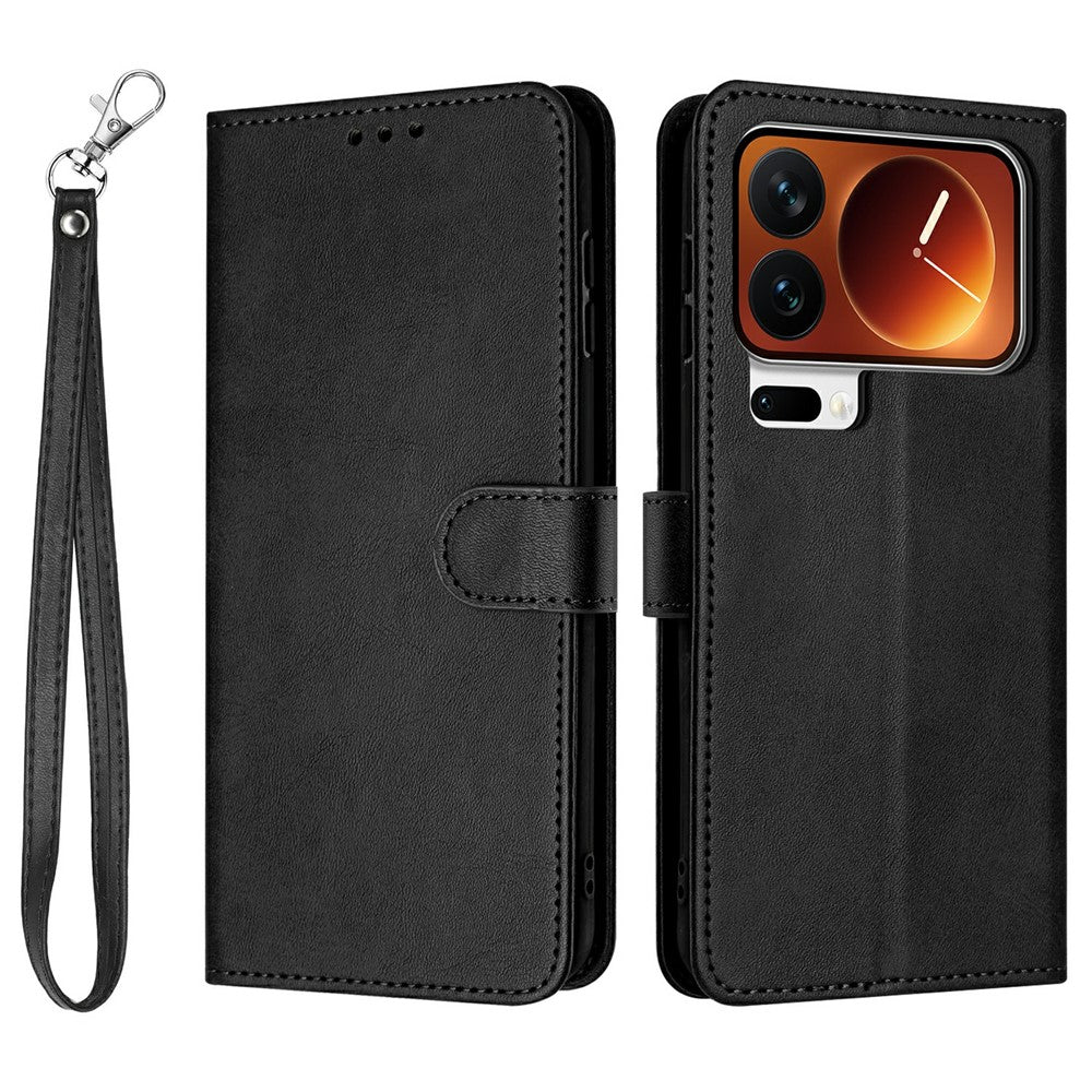 For Xiaomi 17 Pro Max Wallet Case Flip Stand Calf Texture PU Leather Phone Cover with Strap - Black