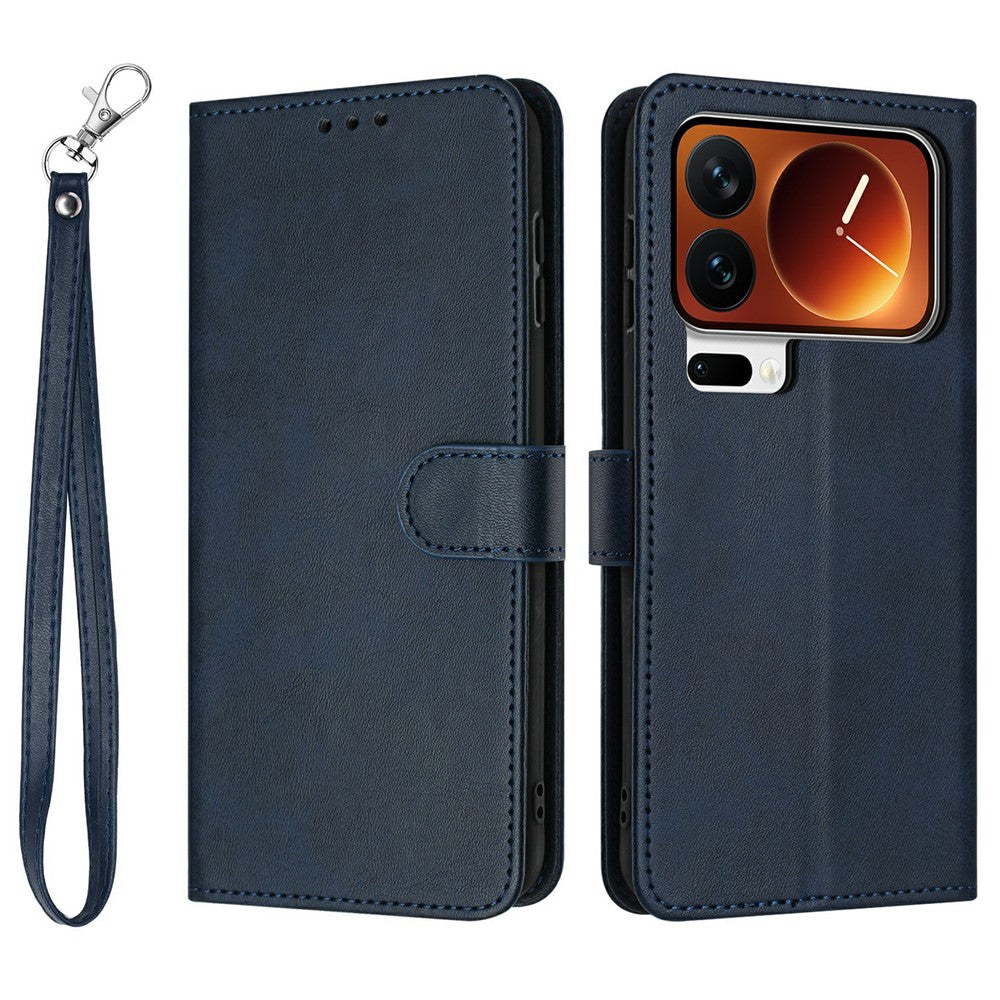 For Xiaomi 17 Pro Max Wallet Case Flip Stand Calf Texture PU Leather Phone Cover with Strap - Sapphire