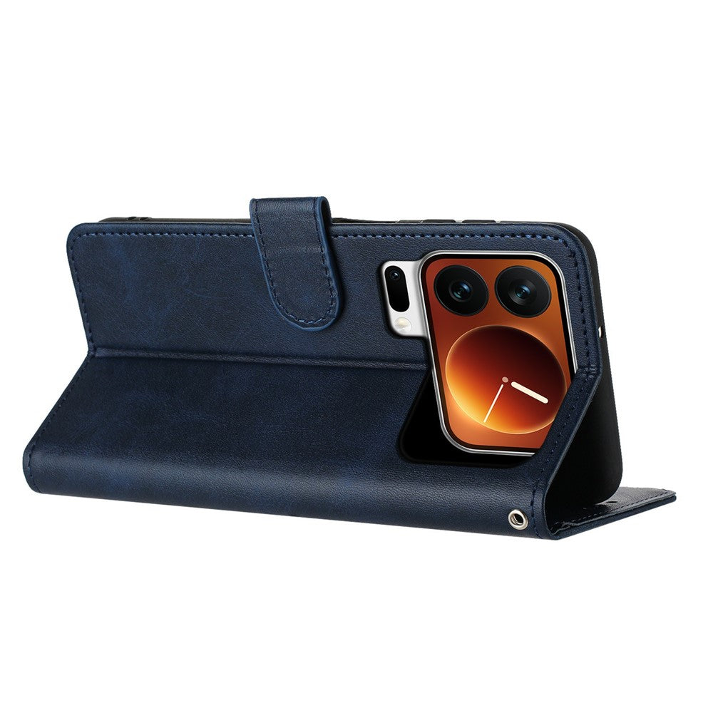 For Xiaomi 17 Pro Max Wallet Case Flip Stand Calf Texture PU Leather Phone Cover with Strap - Sapphire