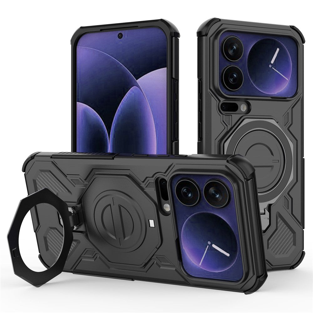 For Xiaomi 17 Pro Max Magnetic Case Rotating Metal Kickstand Shockproof PC + TPU Phone Back Cover - Black