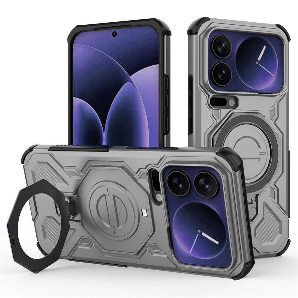 For Xiaomi 17 Pro Max Magnetic Case Rotating Metal Kickstand Shockproof PC + TPU Phone Back Cover - Grey