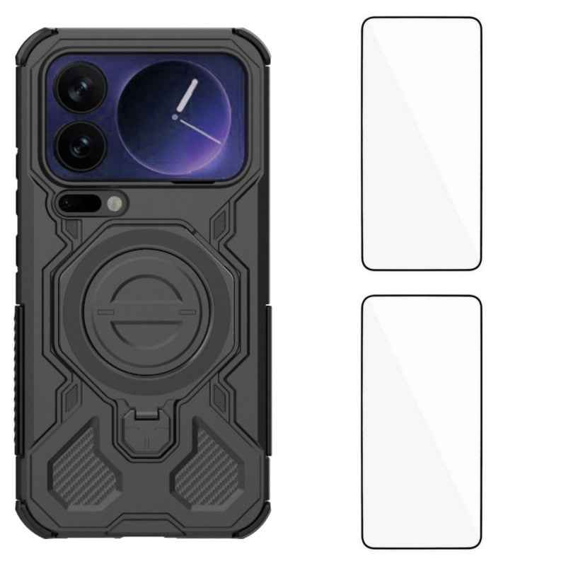 For Xiaomi 17 Pro Case Kickstand with 2Pcs Screen Film WANLONFENG KJ Series PC TPU Phone Cover (Big Lens Hole) - Black