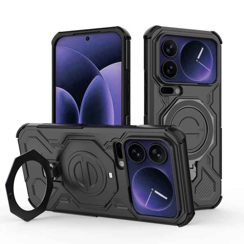 For Xiaomi 17 Pro Case Kickstand with 2Pcs Screen Film WANLONFENG KJ Series PC TPU Phone Cover (Big Lens Hole) - Black