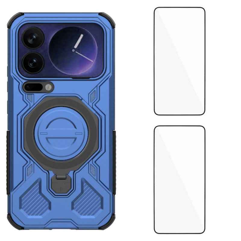 For Xiaomi 17 Pro Case Kickstand with 2Pcs Screen Film WANLONFENG KJ Series PC TPU Phone Cover (Big Lens Hole) - Blue