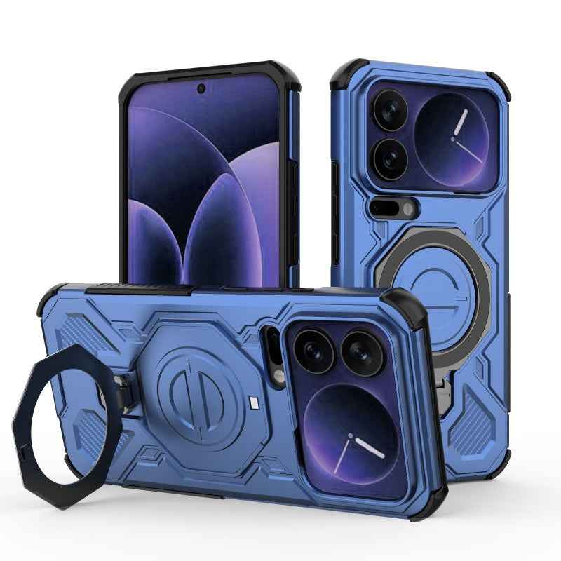 For Xiaomi 17 Pro Case Kickstand with 2Pcs Screen Film WANLONFENG KJ Series PC TPU Phone Cover (Big Lens Hole) - Blue