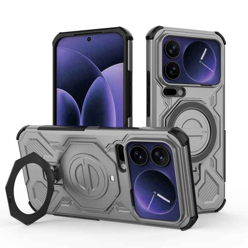 For Xiaomi 17 Pro Case Kickstand with 2Pcs Screen Film WANLONFENG KJ Series PC TPU Phone Cover (Big Lens Hole) - Grey