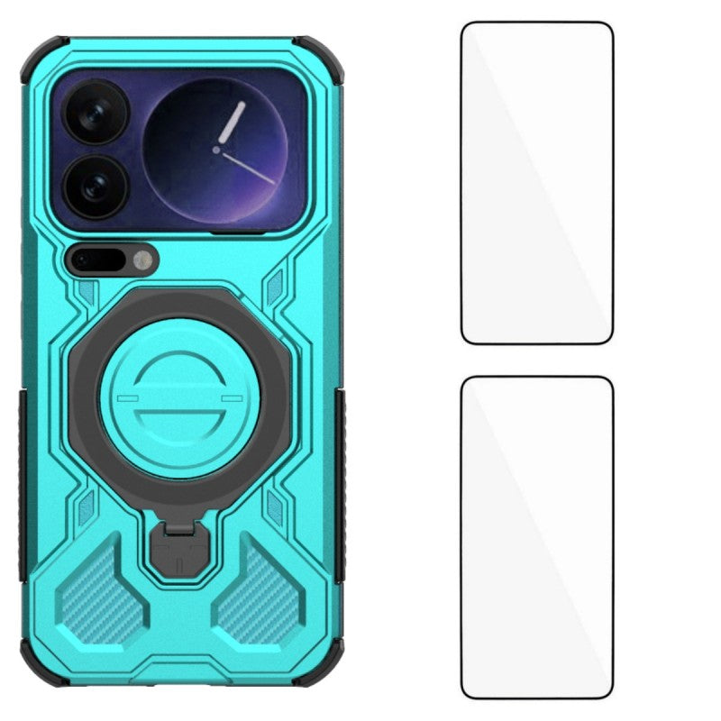 For Xiaomi 17 Pro Max Case Kickstand with 2Pcs Screen Film WANLONFENG KJ Series PC TPU Phone Cover (Big Lens Hole) - Green
