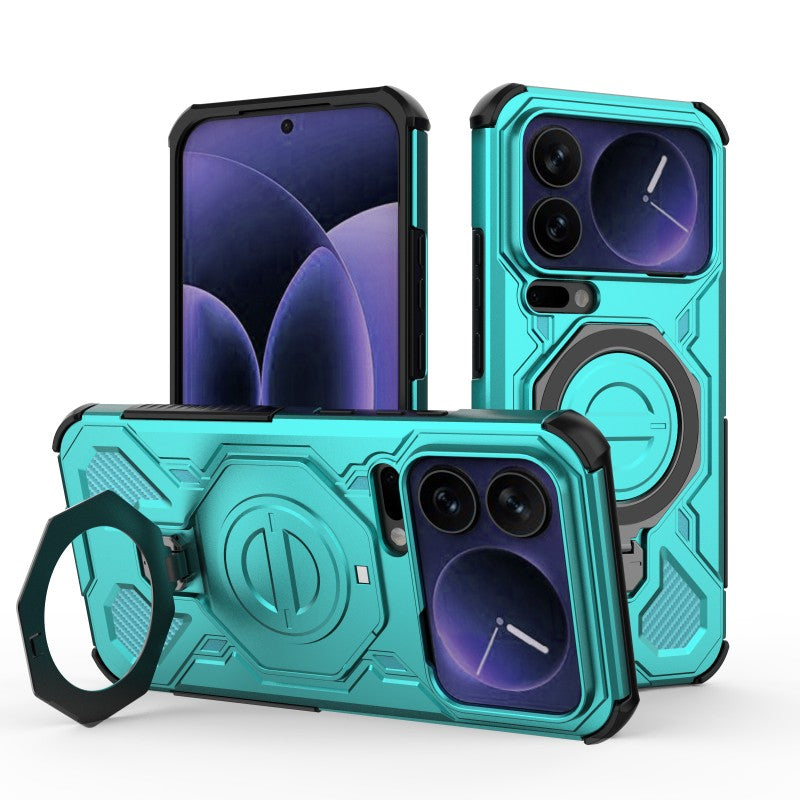 For Xiaomi 17 Pro Max Case Kickstand with 2Pcs Screen Film WANLONFENG KJ Series PC TPU Phone Cover (Big Lens Hole) - Green