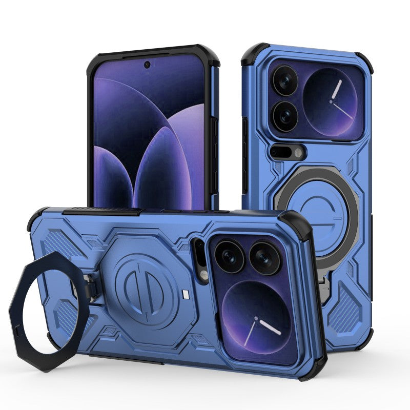 For Xiaomi 17 Pro Max Case Kickstand with 2Pcs Screen Film WANLONFENG KJ Series PC TPU Phone Cover (Big Lens Hole) - Blue