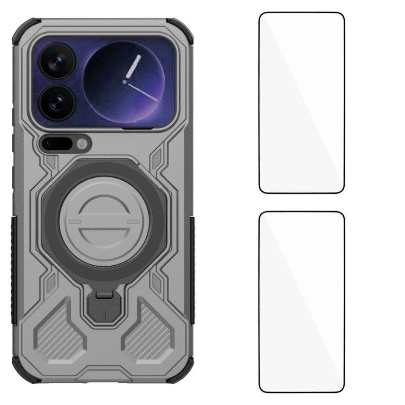 For Xiaomi 17 Pro Max Case Kickstand with 2Pcs Screen Film WANLONFENG KJ Series PC TPU Phone Cover (Big Lens Hole) - Grey