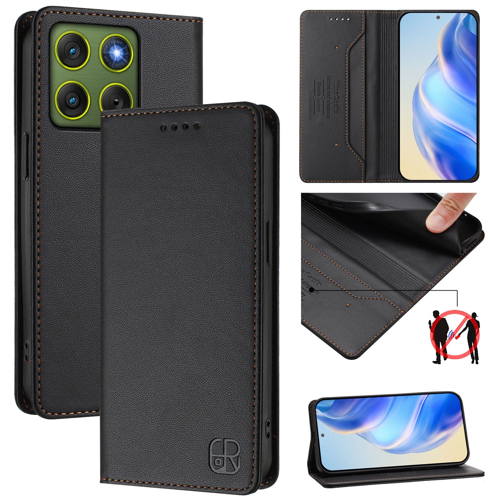 For Motorola Edge 70 5G Leather Case RINACASIS RC01 Phone Cover with RFID Blocking Wallet Stand - Black
