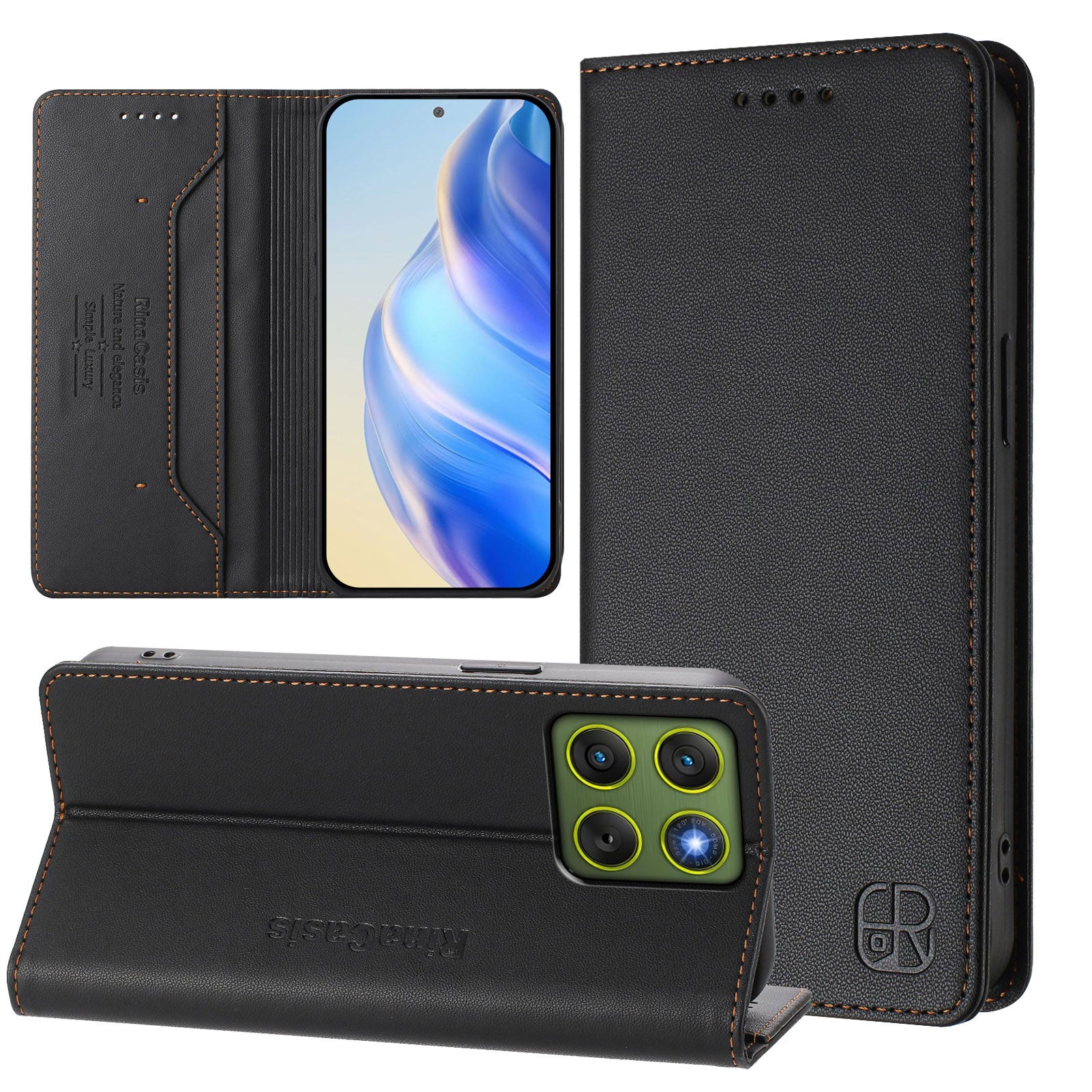 For Motorola Edge 70 5G Leather Case RINACASIS RC01 Phone Cover with RFID Blocking Wallet Stand - Black
