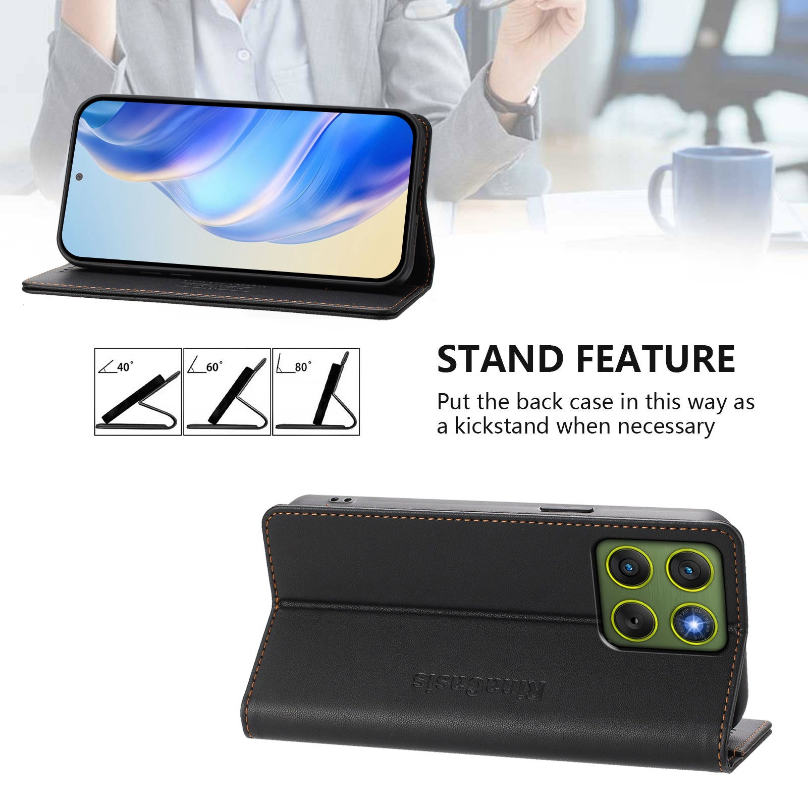 For Motorola Edge 70 5G Leather Case RINACASIS RC01 Phone Cover with RFID Blocking Wallet Stand - Black