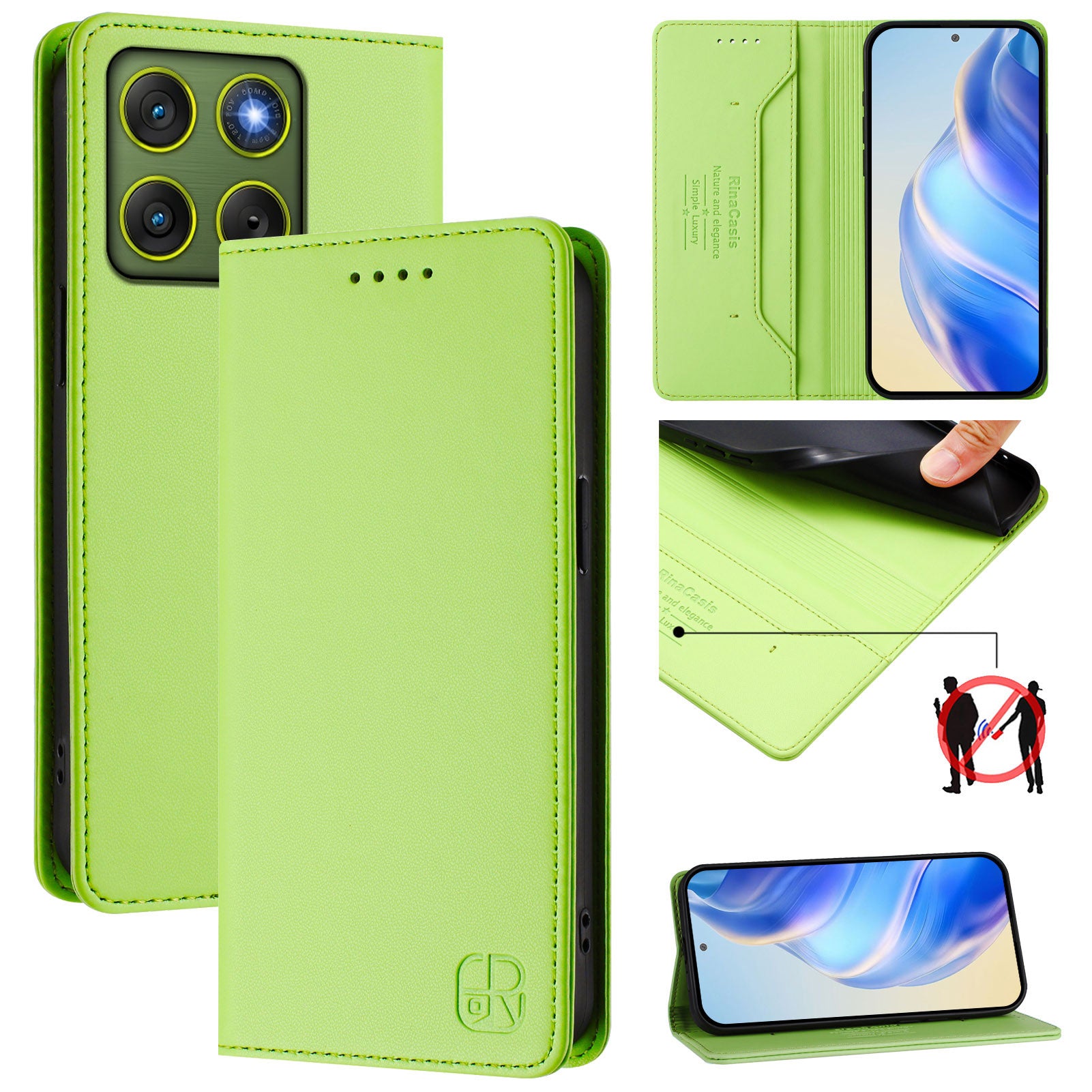 For Motorola Edge 70 5G Leather Case RINACASIS RC01 Phone Cover with RFID Blocking Wallet Stand - Green