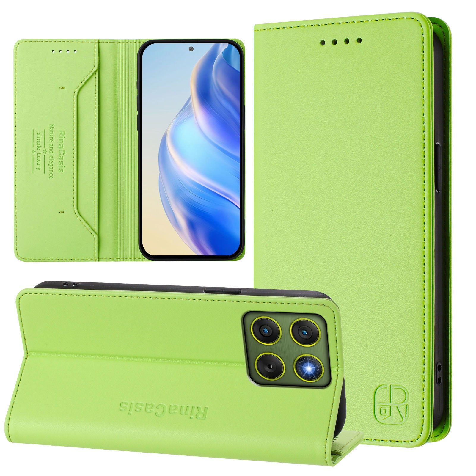 For Motorola Edge 70 5G Leather Case RINACASIS RC01 Phone Cover with RFID Blocking Wallet Stand - Green