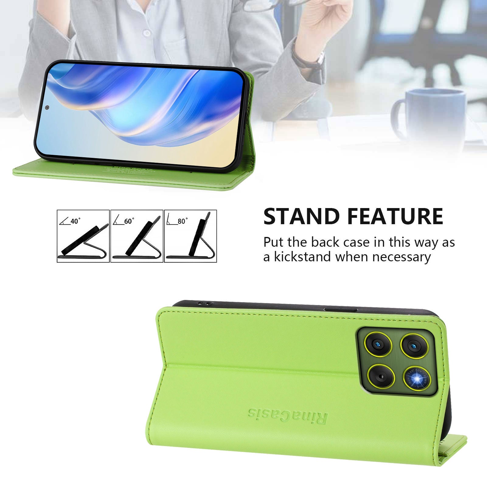 For Motorola Edge 70 5G Leather Case RINACASIS RC01 Phone Cover with RFID Blocking Wallet Stand - Green