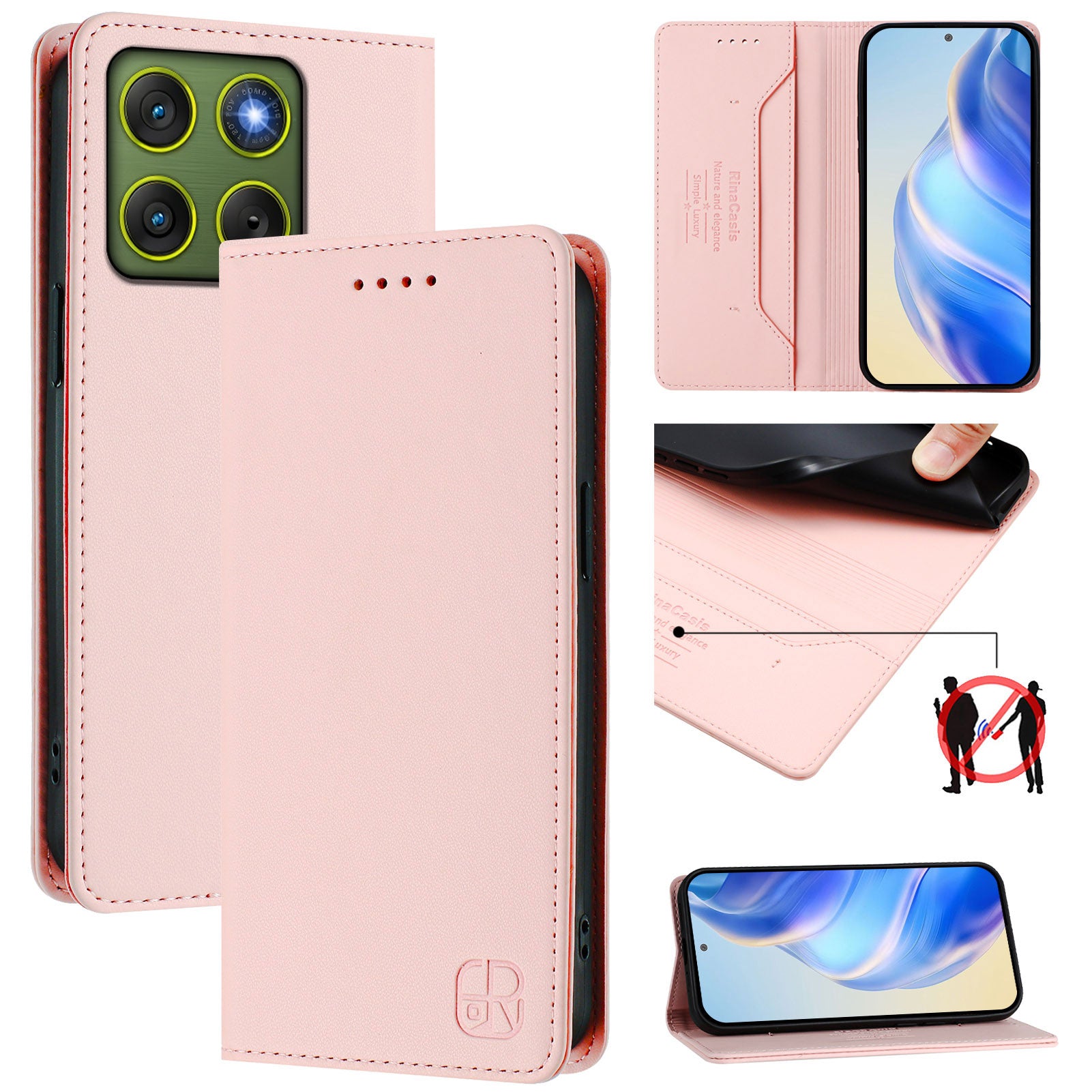 For Motorola Edge 70 5G Leather Case RINACASIS RC01 Phone Cover with RFID Blocking Wallet Stand - Pink